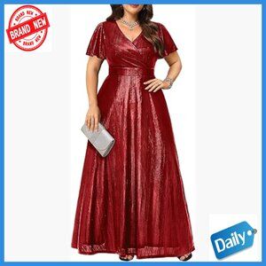 Plus Size Formal Evening Dress Metallic Fabric Floor Length V-Neck